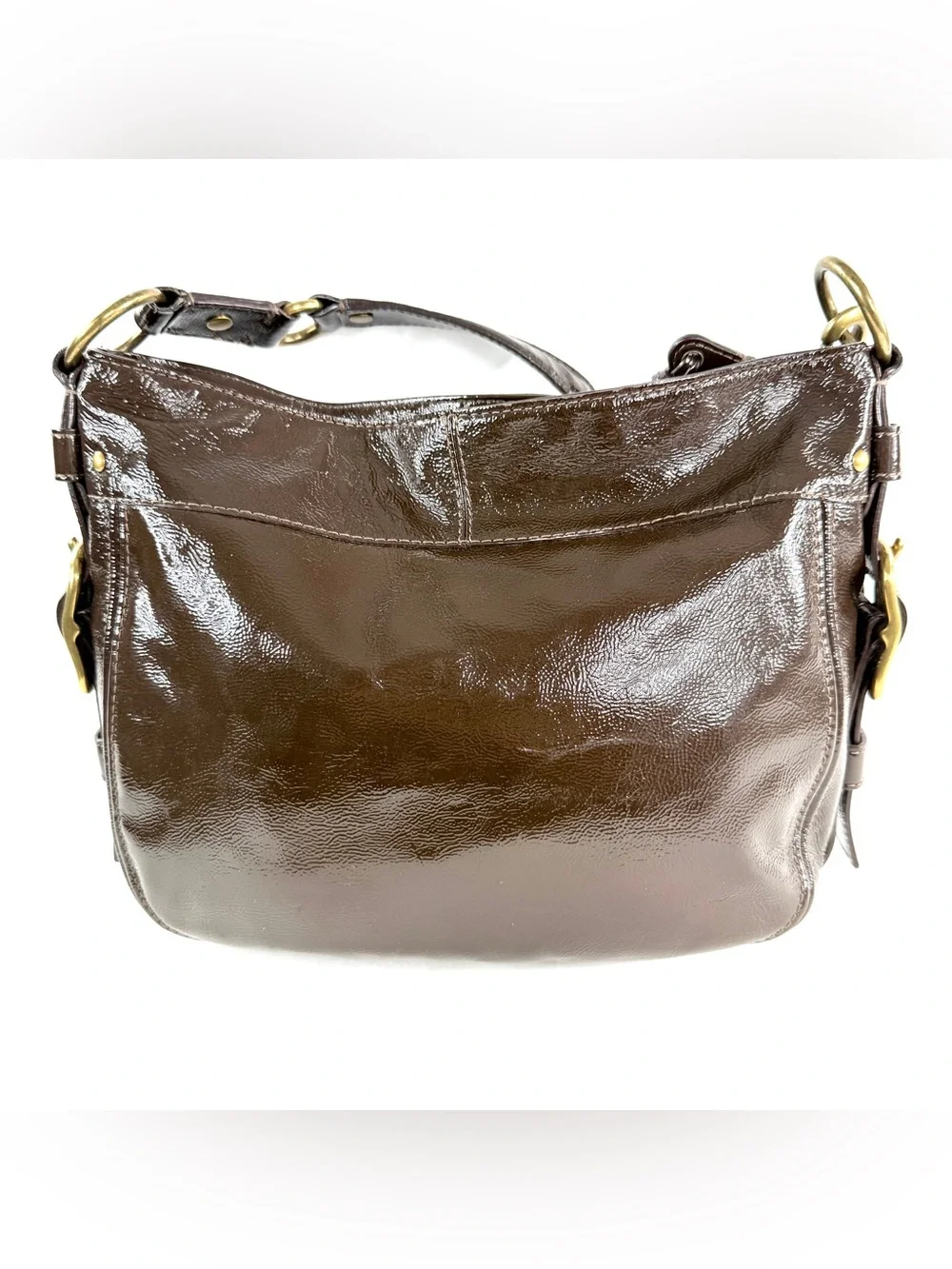 Coach 12735 Zoe Hobo Brown Patent Leather Shoulder Bag Belted Buckles Brass Y2K